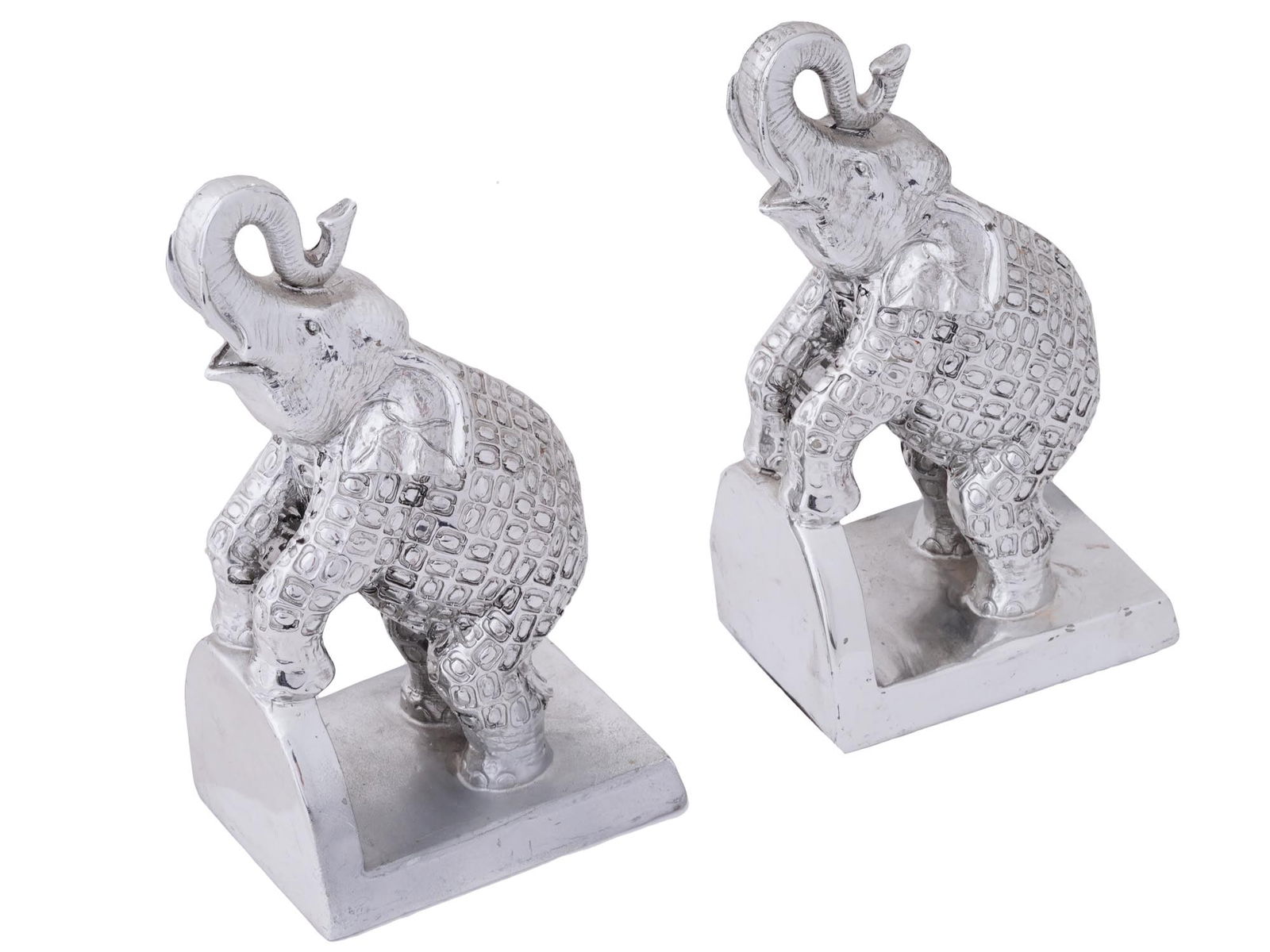 VINTAGE SILVERTONE POLISH ELEPHANT BOOKENDS: A pair of vintage figurative bookends representing elephants. Made of resin with silvertone polish finish. Animalia, Home Decor For Cabinet Interior Design, Desk Accessories. THIS LOT QUALIFIES