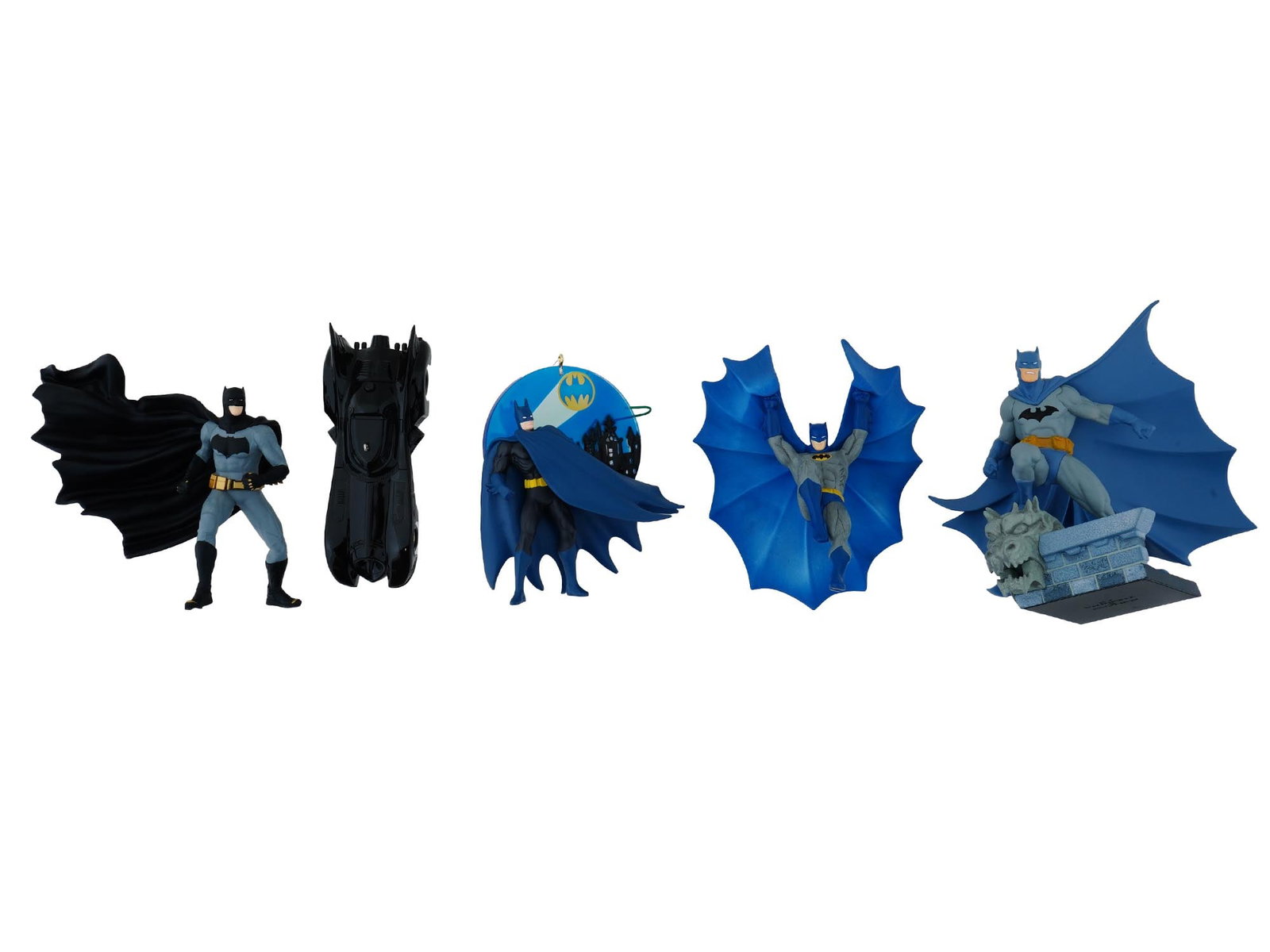 GROUP OF HALLMARK KEEPSAKE BATMAN ORNAMENTS: A group of Hallmark Keepsake Batman ornaments, perfect for collectors and DC Comics enthusiasts. The lot includes the Calling The Caped Crusader ornament, the 2014 Hallmark Batmobile ornament, the 201