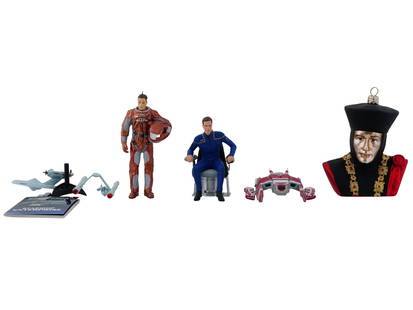 GROUP OF HALLMARK KEEPSAKE STAR TREK ORNAMENTS: A group of five Hallmark Keepsake Star Trek ornaments, celebrating iconic characters and ships from across the franchise. This lot includes the 2004 Commander Trip Tucker ornament and the 2003 Captain