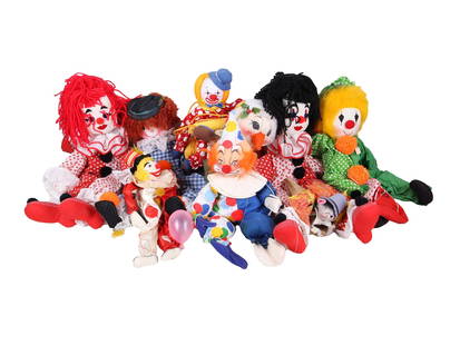 VINTAGE COLLECTION OF CIRCUS CLOWN SOFT TOYS: A large collection of stuffed childrens toys depicting colorful clowns dressed in unique circus costumes. Plush Soft Hand Sewn Stuffed Toys For Children And Collectors. THIS LOT QUALIFIES FOR A