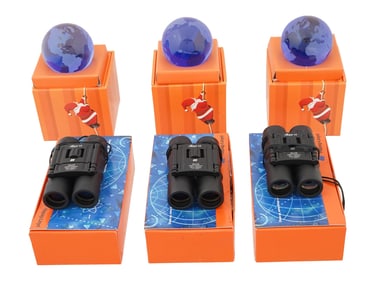 BINOCULARS LUGER LC 10X25 AND SOUVENIR PAPERWEIGHTS
