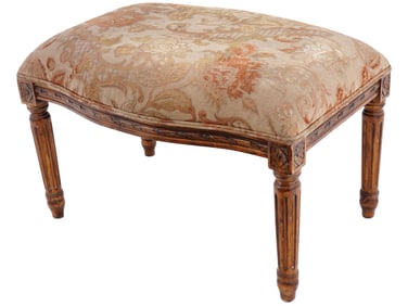 ANTIQUE CARVED WALNUT UPHOLSTERED LOUIS XV BENCH