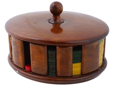 VINTAGE POKER SET IN AN OVAL WOODEN CONTAINER