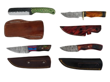 GROUP OF FOUR DAMASCUS STEEL KNIVES WITH SHEATHS