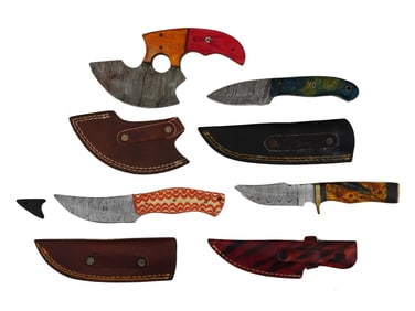 GROUP OF FOUR DAMASCUS STEEL KNIVES W SHEATHS