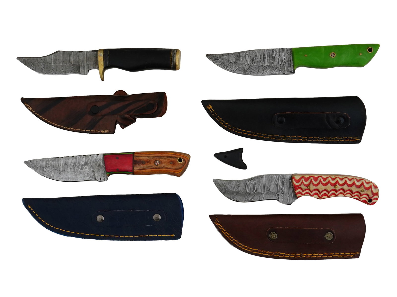 GROUP OF FOUR DAMASCUS STEEL KNIVES W SHEATHS: A group of four knives with a uniquely patterned Damascus steel blade. Each has a different multicolored handle design. Each with a sheath. Collectible Vintage Weapons And Cutlery, Pocket And Combat K