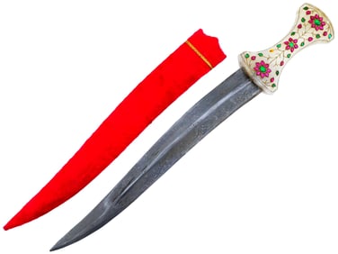 INDIAN MUGHAL MANNER CARVED JADE DAGGER W SHEATH
