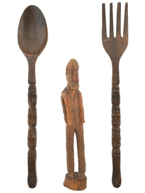 AFRICAN HAND CARVED WOODEN FORK SPOON AND FIGURINE