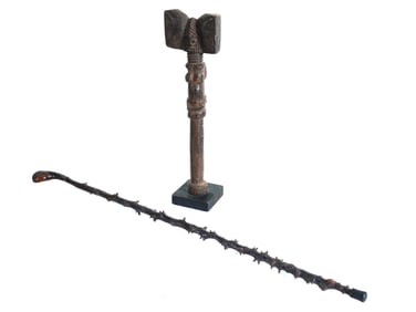 WOODEN BLACKTHORN SHILLELAGH STICK AND YORUBA STAFF