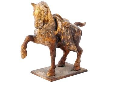 CHINESE TANG DYNASTY STYLE GILDED CAST IRON HORSE