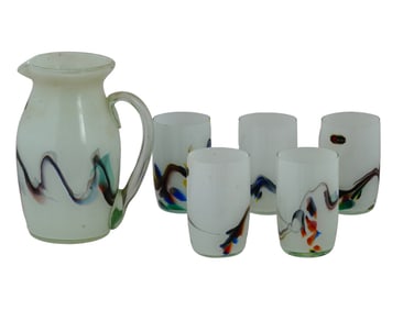 CHINESE DANDONG SET OF ART GLASS CUPS AND PITCHER