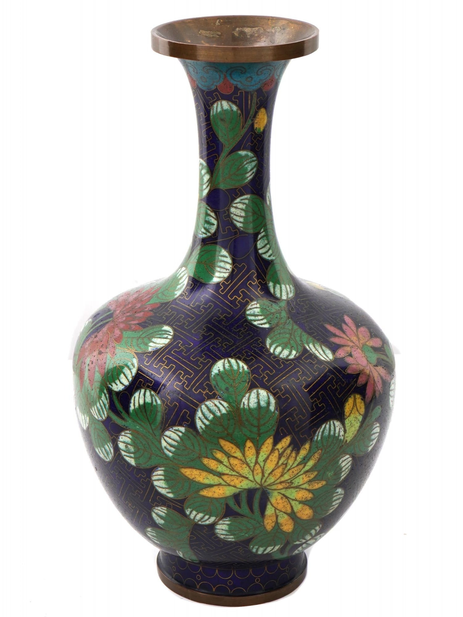CHINESE REPUBLIC ERA FLOWERS CLOISONNE ENAMEL VASE: A Chinese Republic Era enamel vase. The vase has a globular shaped body, a tall neck, and a fluted mouth. The vase is adorned with polychrome enamel floral, foliage, and scrollwork motifs made in the