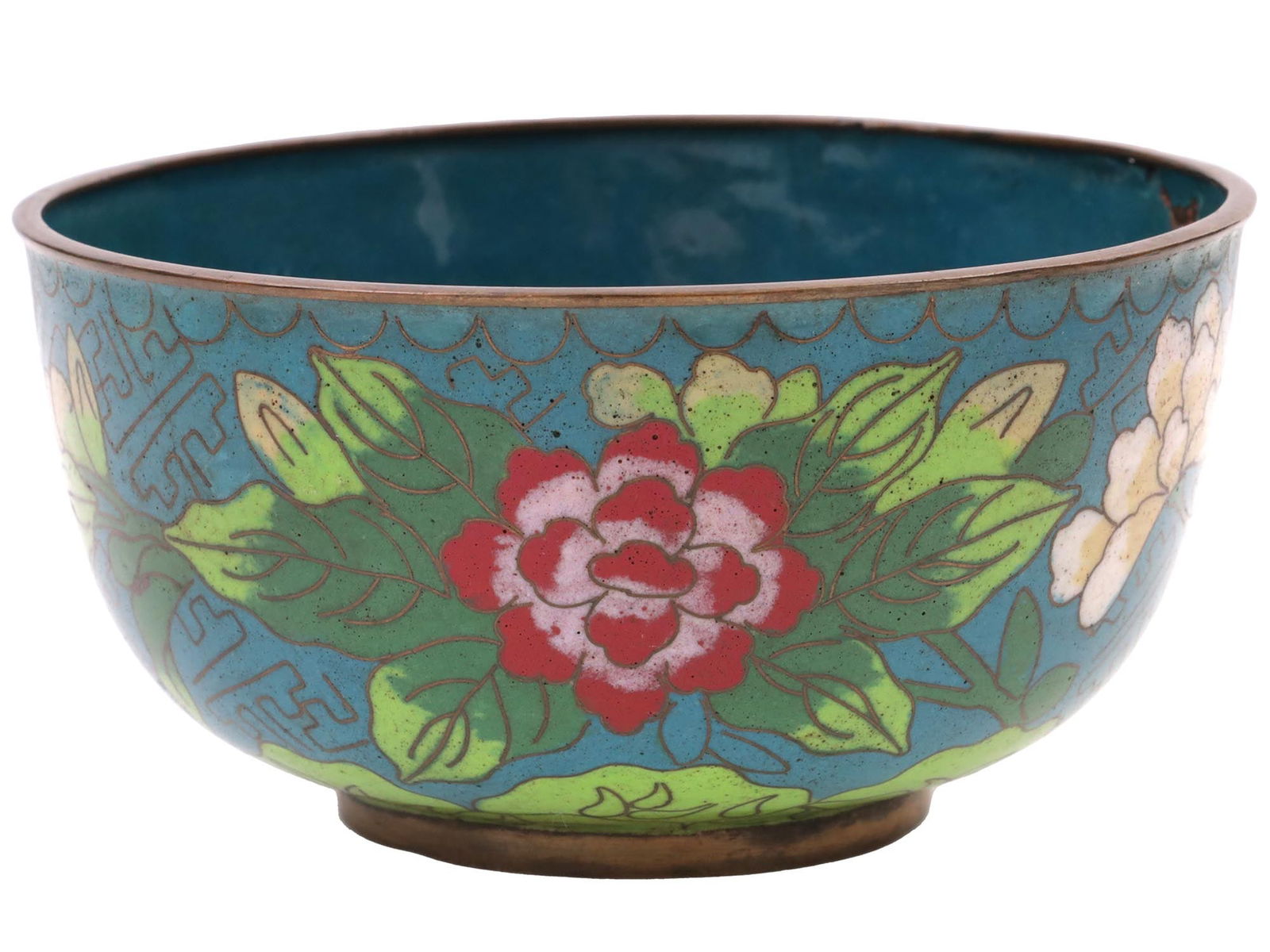 ANTIQUE CHINESE QING DYNASTY CLOISONNE BOWL: An antique Chinese Qing Dynasty cloisonne bowl. Renowned for its intricate design and vibrant colors, this bowl is a stunning example of traditional Chinese cloisonné, a technique celebrated for its