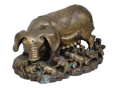 VINTAGE CHINESE PIGS FAMILY BRASS FIGURAL GROUP