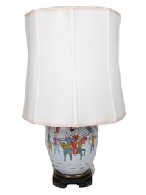 CHINESE POLYCHROME PORCELAIN DESK LAMP WITH SHADE