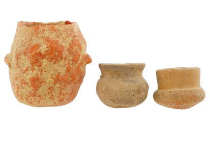 LOT OF 3 ANCIENT HOLY LAND MIDDLE EAST TERRACOTTA PCS: A lot of three ancient Middle Eastern Holy Land terracotta pottery pieces, including three vessels. Circa: 800 BC. Ancient Pottery Vessels, Archaeological Finds And Relics. THIS LOT QUALIFIES F