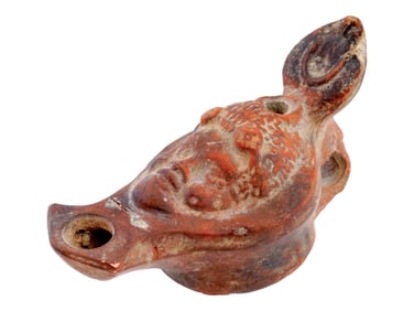 ANCIENT GRECO ROMAN HEAD TERRACOTTA POTTERY OIL LAMP
