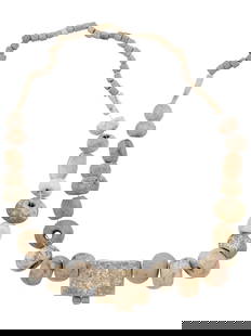 ANCIENT ROMAN CERAMIC EGYPTIAN FAIENCE BEADED NECKLACE: An ancient Roman ceramic and stone, paired with Egyptian faience beaded necklace. The use of ceramic, stone, and faience beads in this necklace reflects the skill and artistic sensibilities of both Ro