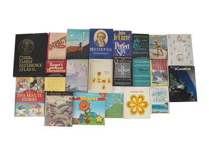 VINTAGE FICTION BOOKS BEATRIX POTTER DANIEL DEFOE: A lot of 21 vintage books on various subjects. National Geographic Family Reference Atlas of the World, 2002. Impact, 50 Short Stories, Second Edition, with a bookplate on the flyleaf. Vanishing Peopl