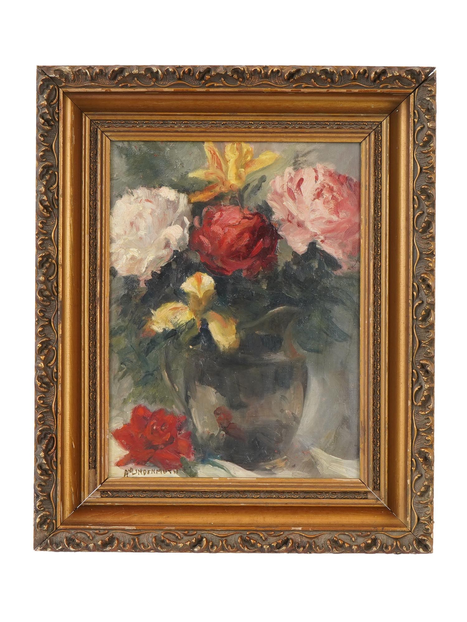 SIGNED ARLINGTON NELSON LINDENMUTH OIL PAINTING: Signed Arlington Nelson Lindenmuth, American, 1867 to 1950, oil painting on canvas mounted on board depicting a still life with flowers. Signed lower left. Framed. Arlington Lindenmuth is known for La