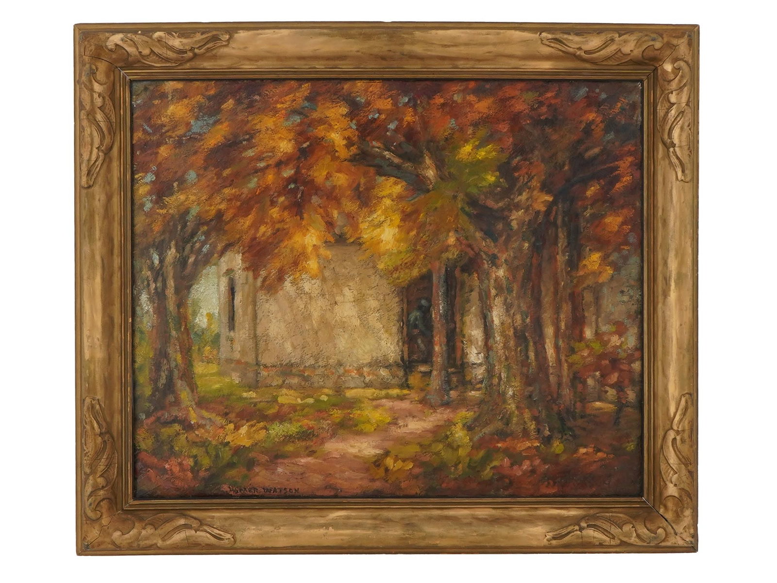 HOMER WATSON CANADIAN LANDSCAPE OIL PAINTING: Homer Ransford Watson, Canadian, 1855 to 1936, oil on canvas painting. The artwork depicts a view of a cottage during autumn. Signed in the lower left. Undated. Framed. Previous auction labels attache