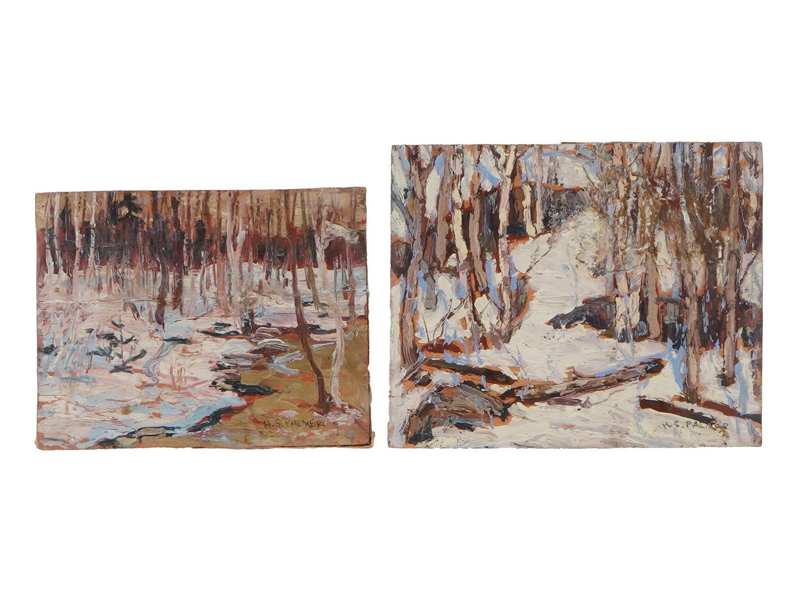 ATTR HERBERT SIDNEY PALMER CANADIAN OIL PAINTINGS: Attributed to Herbert Sidney Palmer, Canadian, 1881 to 1970, a pair of oil on board paintings. Etudes of winter nature. Both are signed in the lower right. Undated. Stamped The Estate of Herbert Sidne