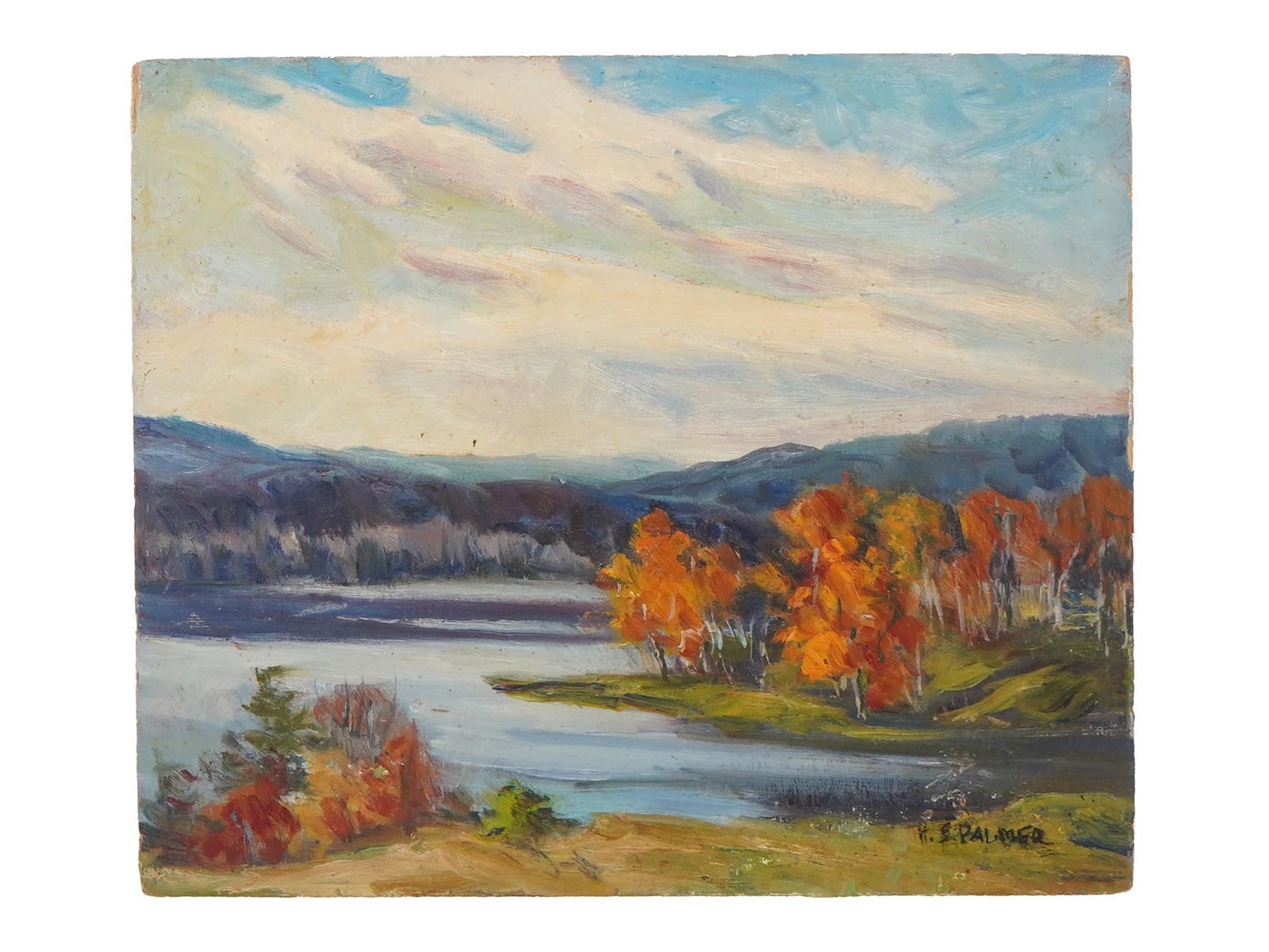 ATTR HERBERT SIDNEY PALMER CANADIAN OIL PAINTING: Attributed to Herbert Sidney Palmer, Canadian, 1881 to 1970, oil on board painting. Panoramic view of a lake during autumn. Signed in the lower right. Undated. Stamped The Estate of Herbert Sidney Pal