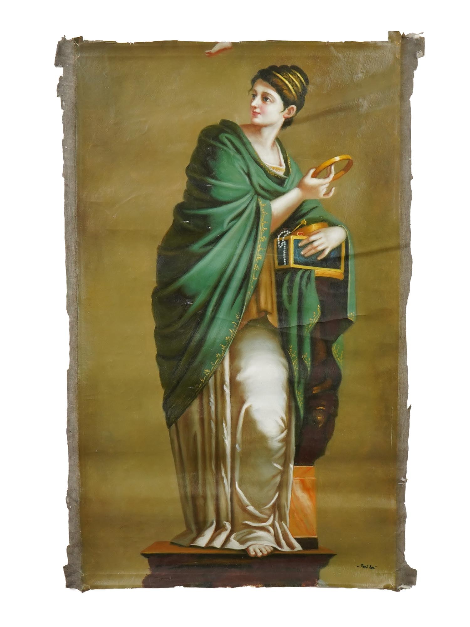 AFTER PIERRE PAUL PRUDHON FRENCH OIL PAINTING: After Pierre-Paul Prudhon, French, 1758 to 1823, oil on canvas painting, allegorical composition titled La Richesse, personification of wealth. The original is now in the Louvre collection. Unframed,