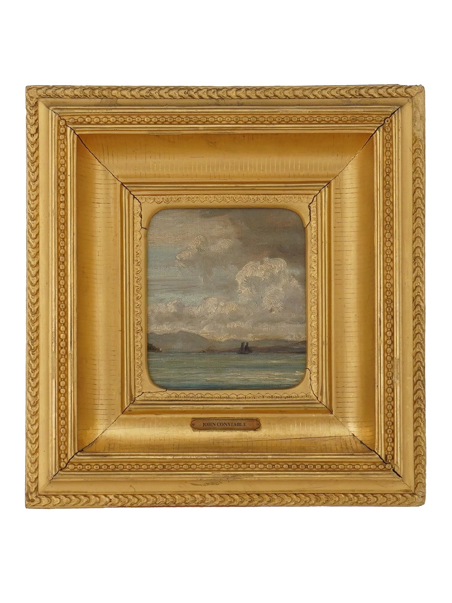 ATTR TO JOHN CONSTABLE ENGLISH PAINTING MARINE SCENE: Attributed to John Constable, English, 1776 to 1837, an oil painting on canvas laid on board depicting a marine scene. With the artist name to the label. Framed. John Constable revolutionized the genr