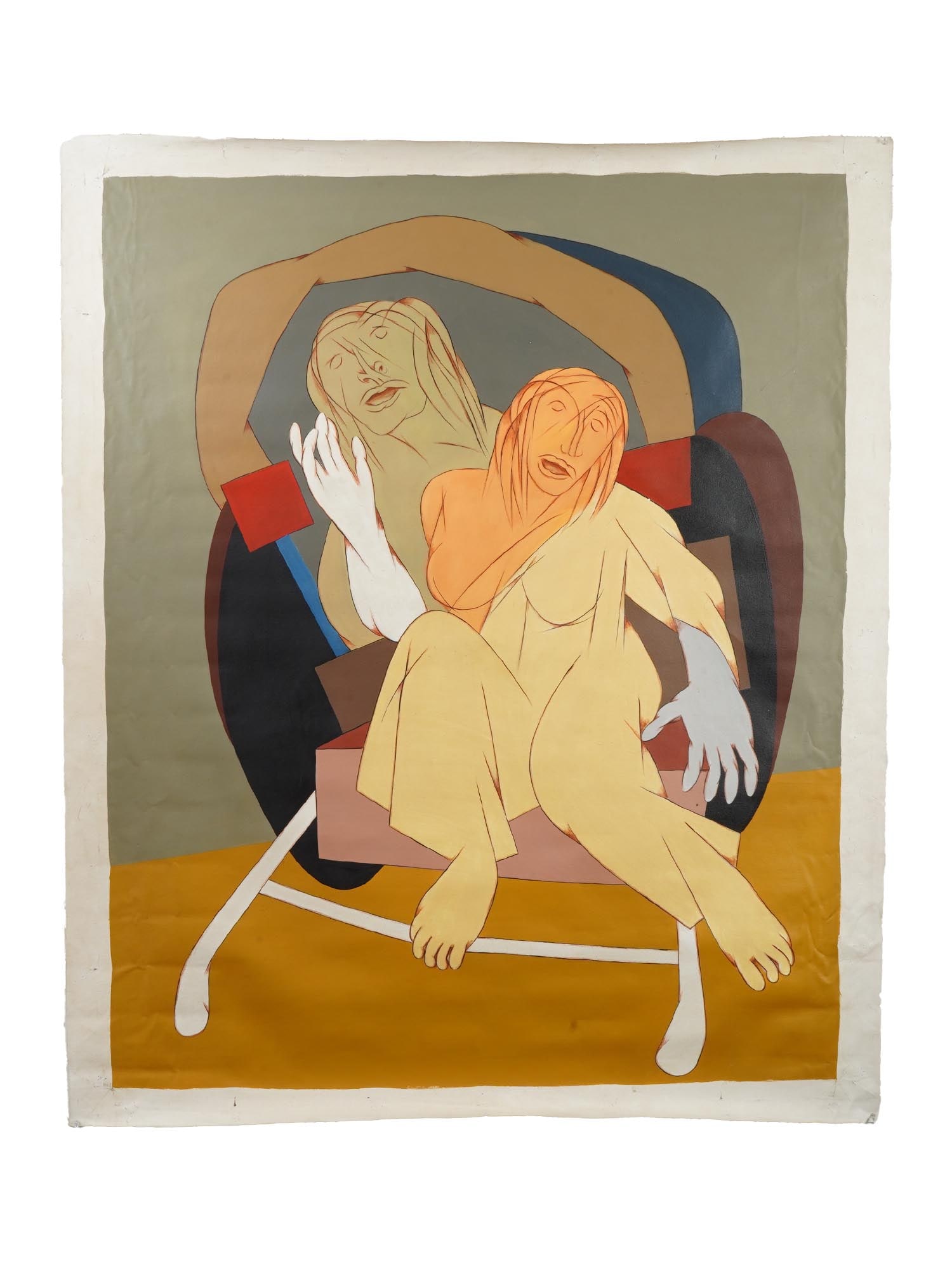 SIGNED TYEB MEHTA INDIAN ACRYLIC PAINTING: Signed Tyeb Mehta, Indian, English, 1925 to 2009, an acrylic painting on canvas depicting a double portrait of female figures, 2006. Signed, Tyeb, and dated 06, on the backside. Tyeb Mehta was an Indi