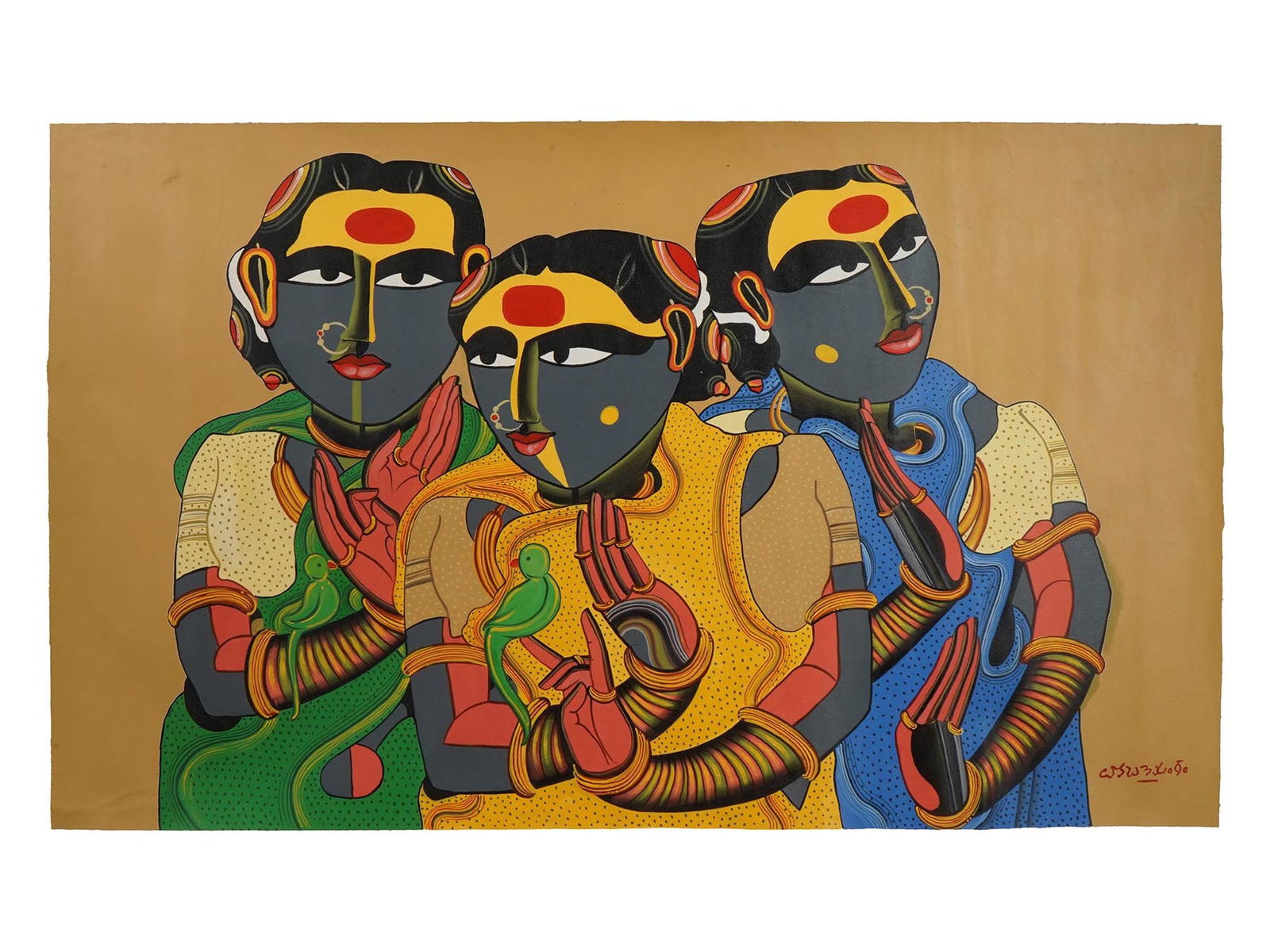 SIGNED THOTA VAIKUNTAM INDIAN ACRYLIC PAINTING: Signed Thota Vaikuntam, Indian, born 1942, an acrylic painting on canvas depicting a group portrait with three female figures dressed in traditional saree costumes. Signed lower right. Thota Vaikuntam