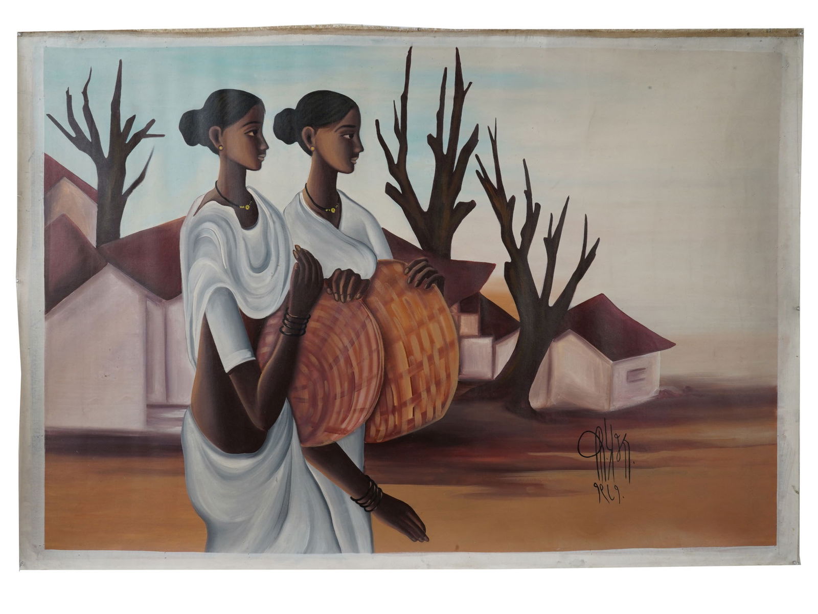 INDIAN PORTRAIT OIL PAINTING SIGNED B PRABHA W COA: An Indian oil painting on canvas depicting a double portrait of women in a rural landscape. Signed, B. Prabha, and dated 1981, lower right. Completed with a certificate of authenticity, signed. B. Pra