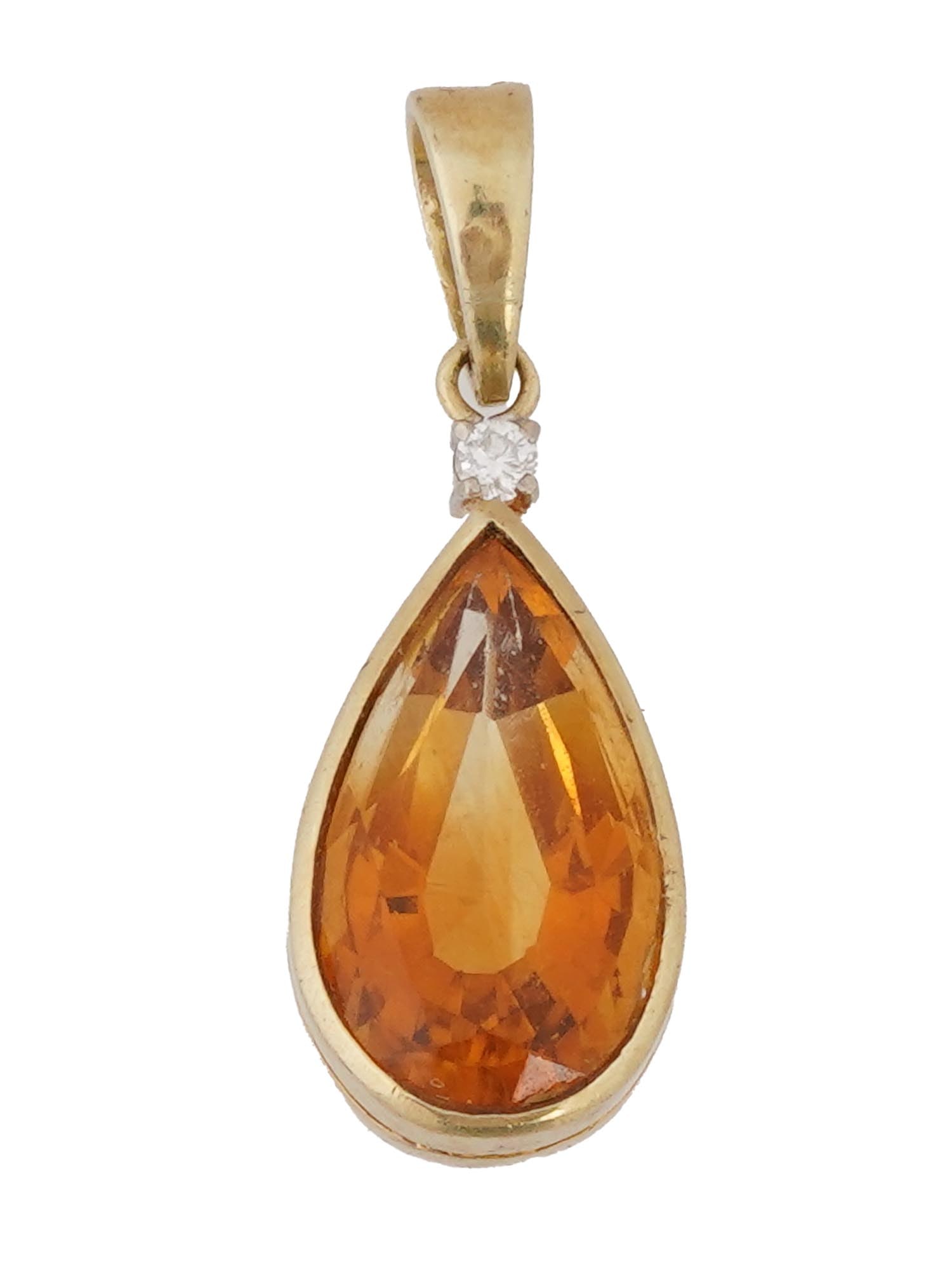 14K YELLOW GOLD JEWELRY PENDANT W CITRINE STONE: A 14K Gold jewelry pendant. The pendant is made in a drop design and encrusted with a citrine stone and a Diamond on the top. Marked with a Gold standard hallmark, and a makers mark, on the backside. 