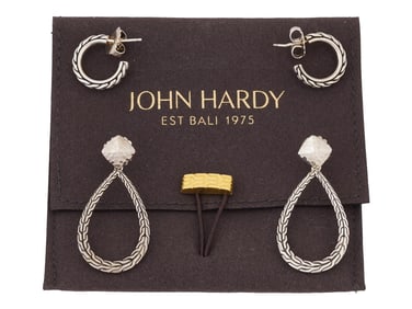 TWO PAIRS JOHN HARDY STERLING SILVER EARRINGS W POUCH