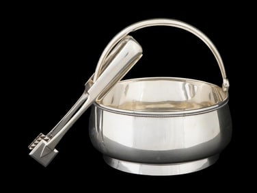 RUSSIAN SILVER SUGAR BOWL WITH BEADED MOTIF AND TONGS