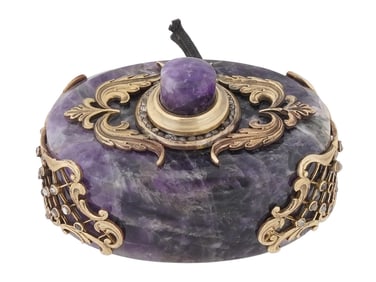 RUSSIAN CARVED STONE GILT SILVER PUSH BELL W DIAMONDS