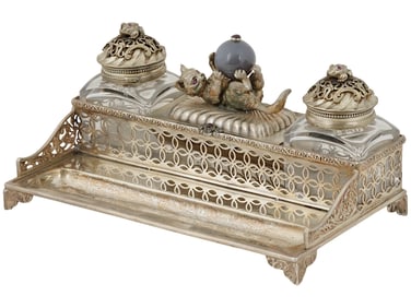 RUSSIAN SILVER GLASS DIAMONDS AGATE INK STAND