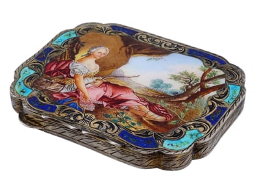 ANTIQUE ITALIAN SILVER HAND PAINTED ENAMEL COMPACT