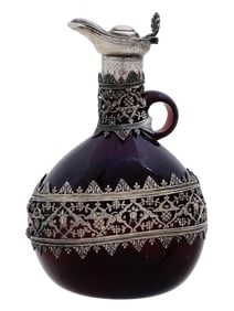 ANTIQUE GLASS DECANTER WITH SILVER OPENWORK MOUNTS