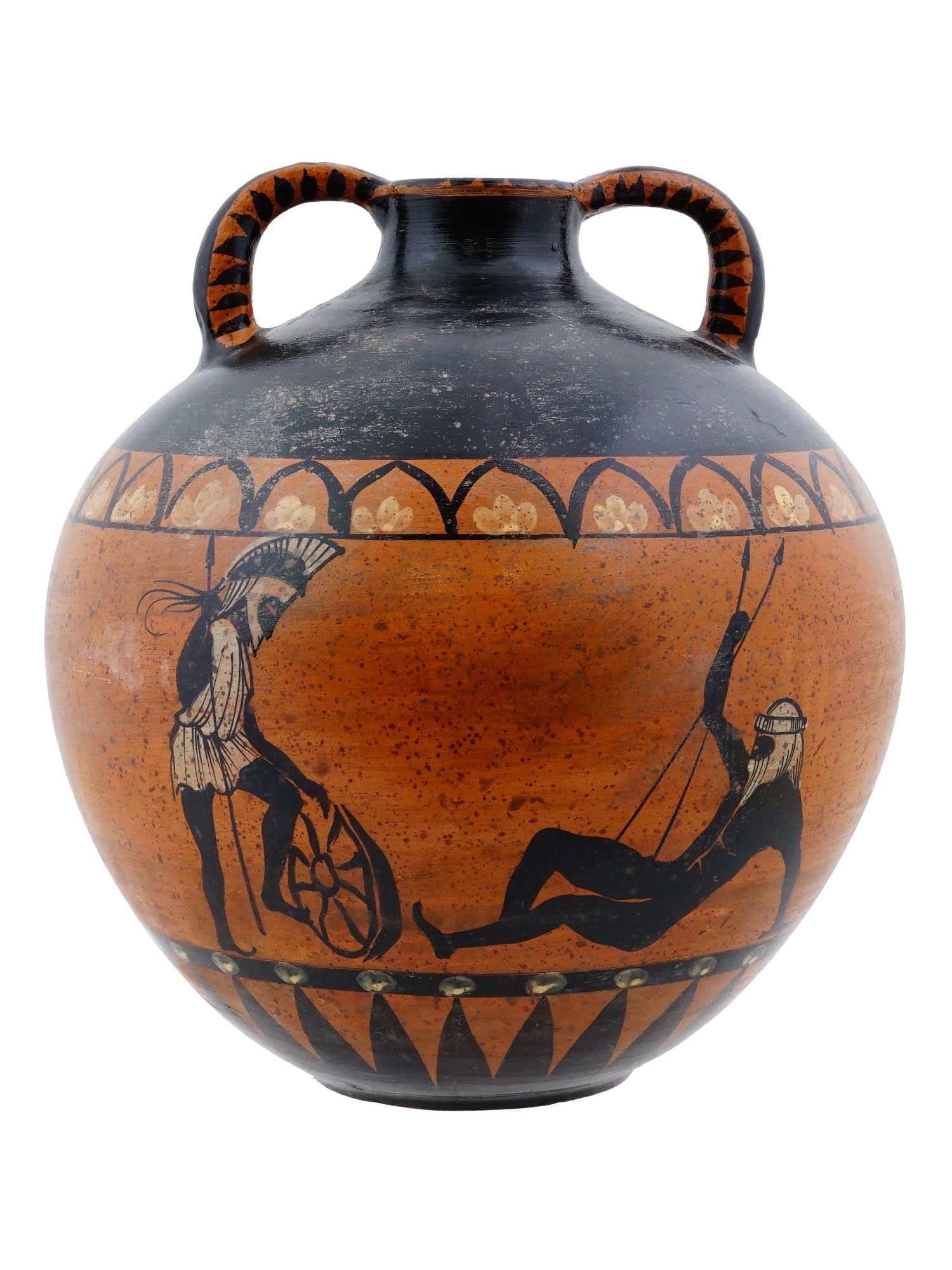 ANTIQUE GRAND TOUR GREEK AMPHORA VASE: An antique Grand tour Greek amphora vase. The vase is made of terracotta with black figure painting. It has a bulbous body, a narrow neck, and two handles. The scenes on the vase show figures dressed