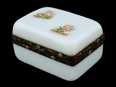 ANTIQUE BRONZE ENAMEL OPALINE GLASS BOX W FLOWER MOTIFS