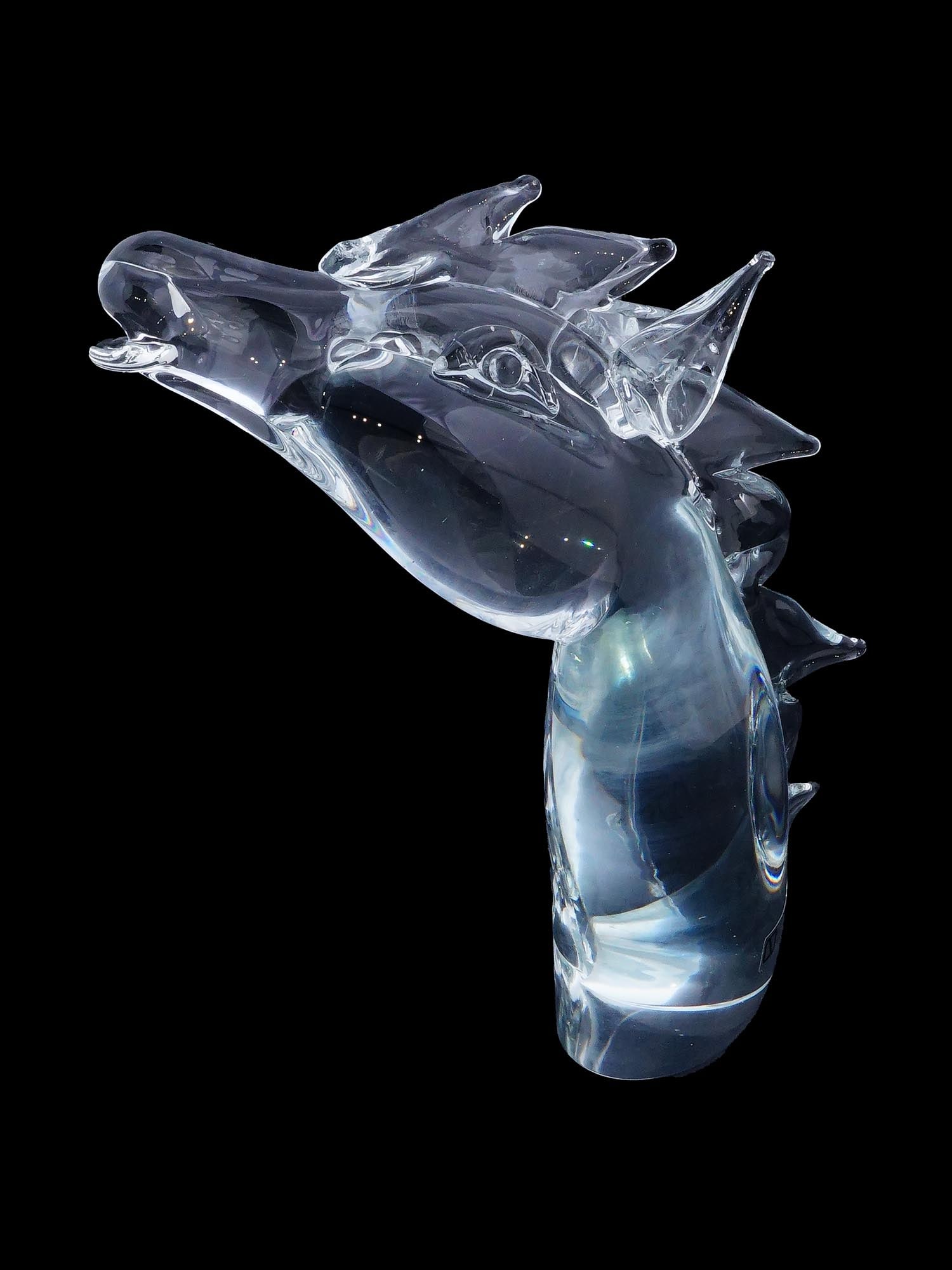 ITALIAN MURANO ART CLEAR GLASS HORSE HEAD FIGURE: An Italian Murano art glass figure. The figure depicts a head of a horse. Marked with a label, V. Nason and C. Murano Italy. Antique and Vintage European Art Glass Sculptures, Figures, Figurines. Home