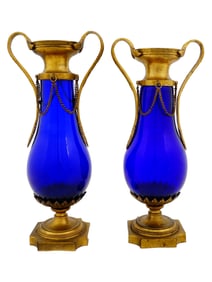 ANTIQUE RUSSIAN BLUE GLASS VASES IN ORMOLU BRONZE