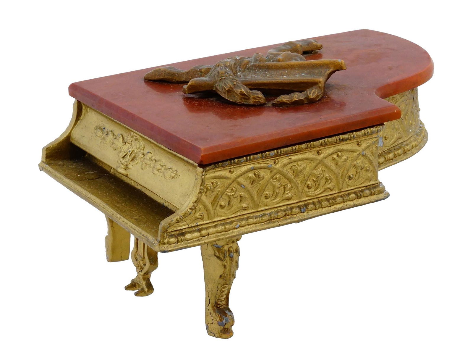 ANTIQUE BRONZE PLATED GRAND PIANO MUSIC TRINKET BOX: An antique bronze-plated grand piano music box and trinket holder, crafted in cast aluminum with a detailed bronze-plated finish and wooden lid. Designed in the form of a grand piano, the piece opens