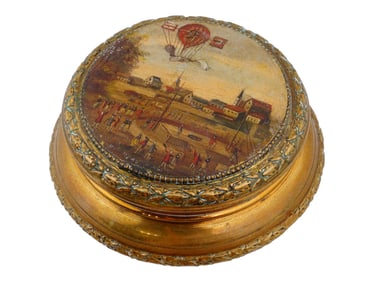 ANTIQUE CIRCULAR BRASS BOX HAND PAINTED W HOT BALOON