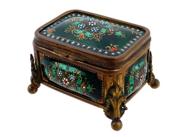 ANTIQUE BRONZE ENAMEL JEWELRY BOX WITH BEADED MOTIFS
