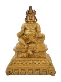 TIBETAN GILT BRONZE FIGURE OF YELLOW JAMBHALA DEITY