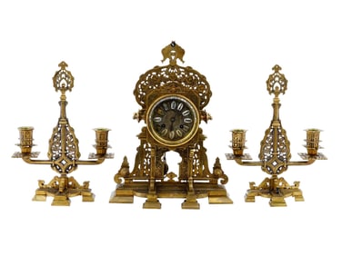 ANTIQUE 19TH C FRENCH BRONZE MANTEL CLOCK SET