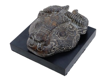 ANTIQUE BULL CARVED HARD STONE FACE MASK W STAND