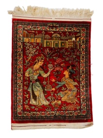 VINTAGE HANDMADE WOVEN SILK CARPET WITH FIGURES